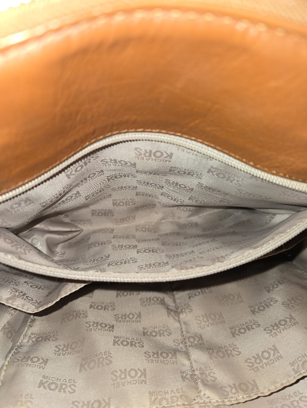 Michael Kors Tan Leather and Cream MK Logo Satchel with Gold Accents - Picture 9 of 10